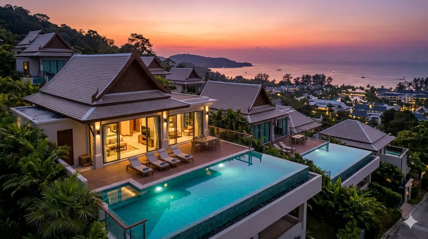 Elevated sea view of Azure Residences infinity pool integrating with the Laguna Phuket coastal landscape.