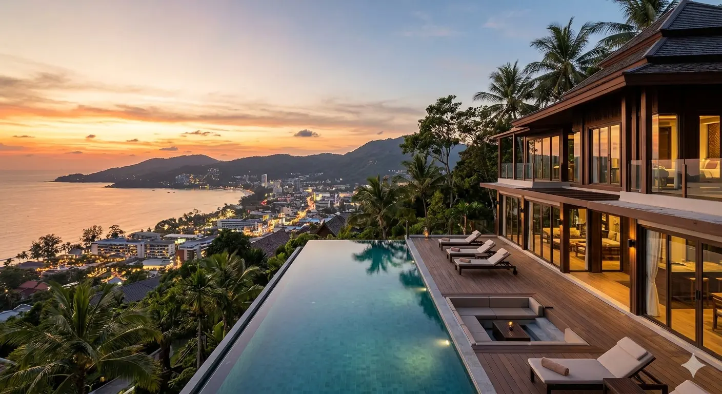 Forensic architectural view of Azure Heights Patong showing elevated infinity pool and group-optimized layout.