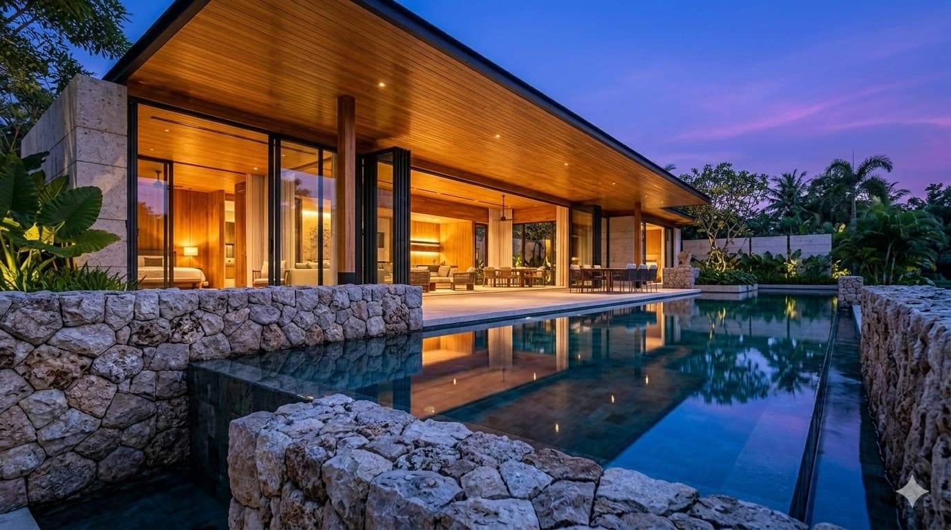 Forensic architectural view of inland Bang Tao pool villa showing walled privacy and private pool deck.