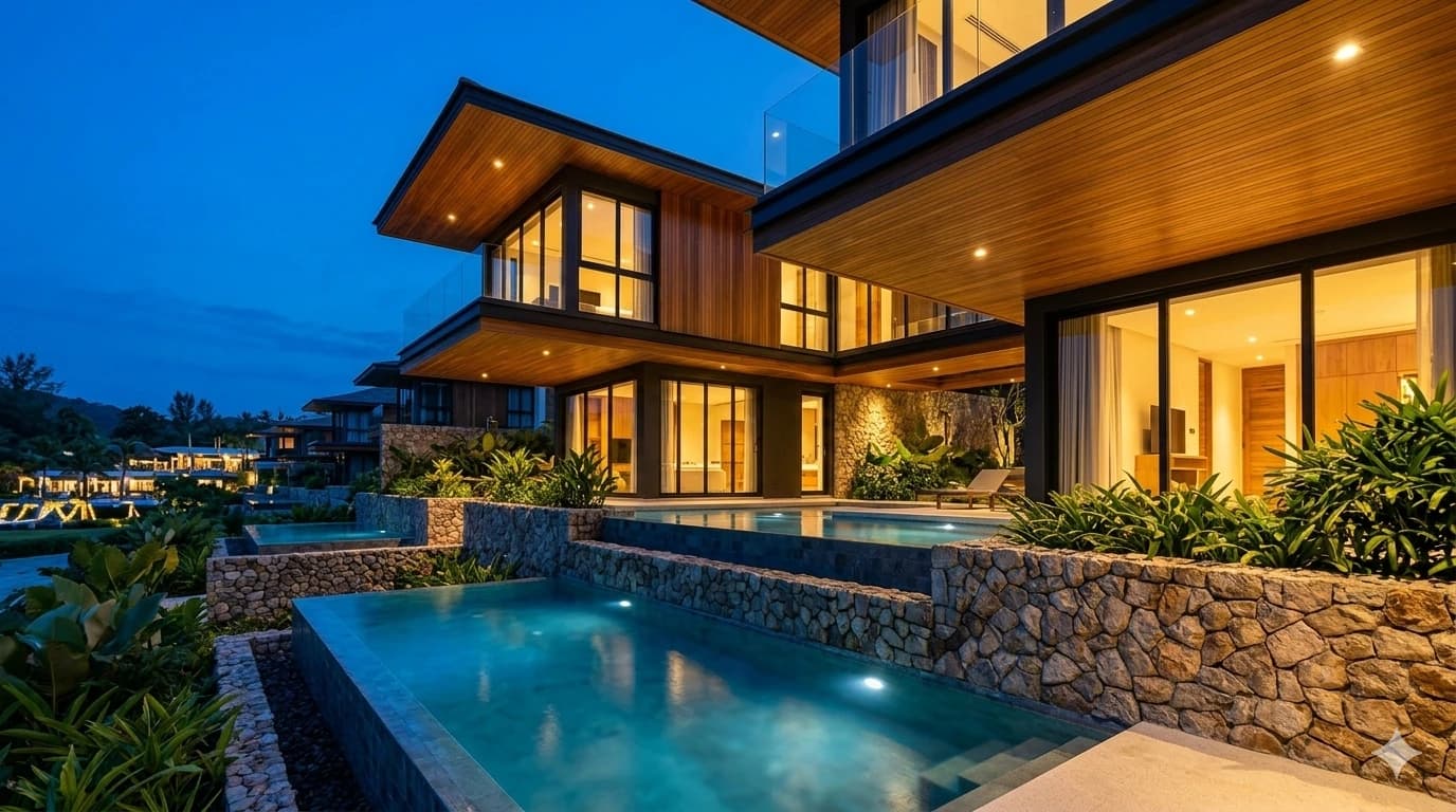 Forensic architectural view of Laguna Serenity Estates featuring lake-front pool deck and modern tropical design.