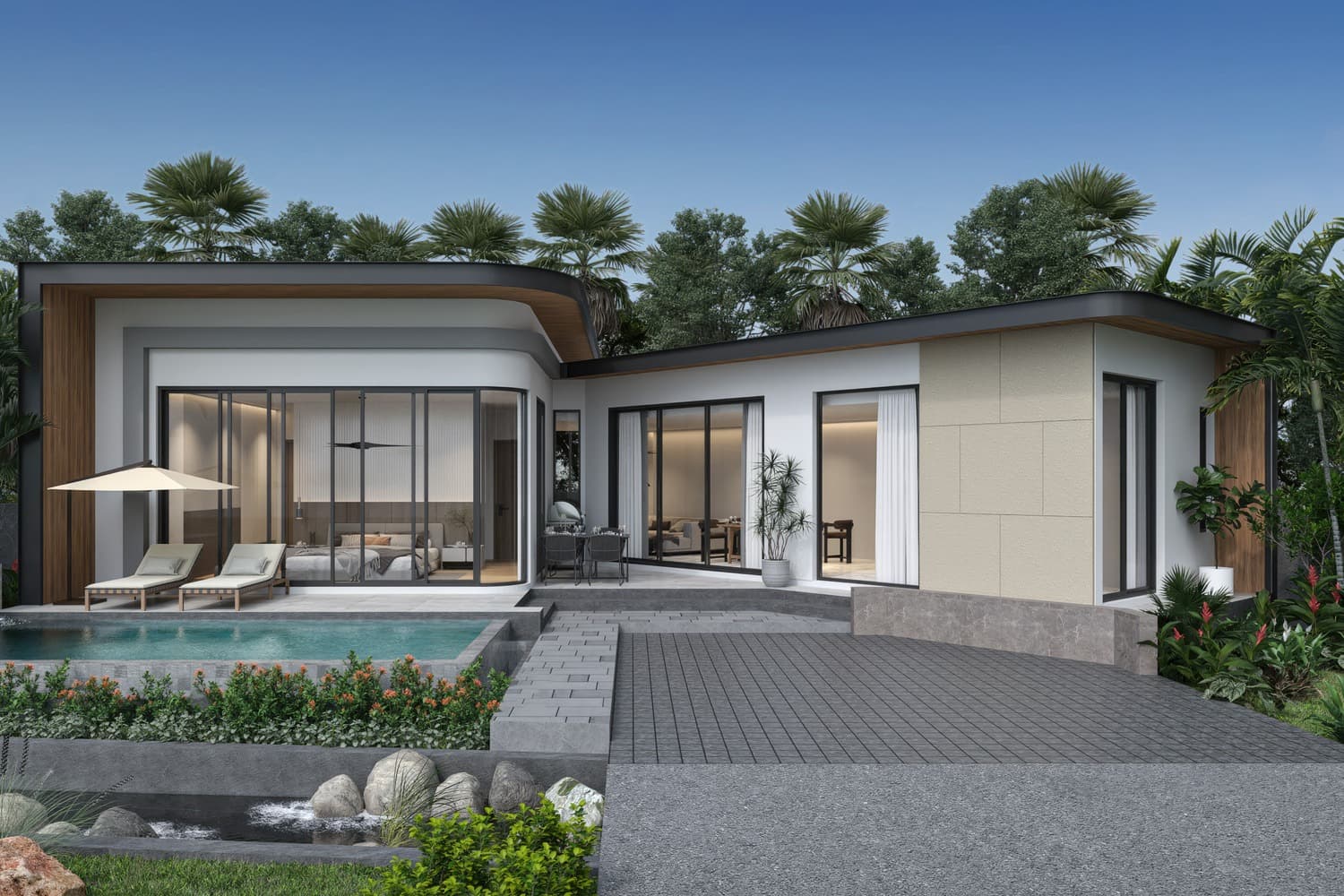 Forensic architectural render of Kamala Heights off-plan villa featuring private pool and valley-integrated design.