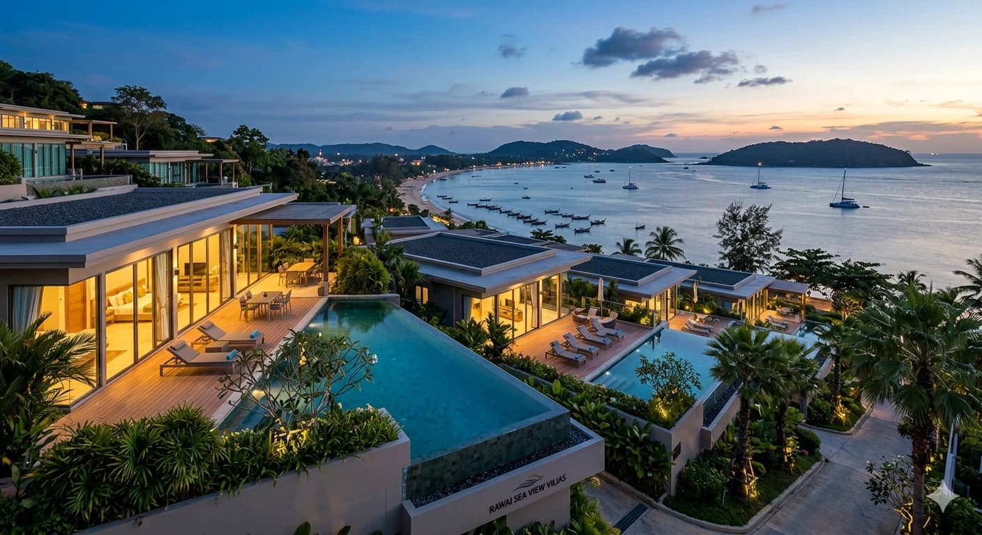 Forensic architectural view of The Nai Harn Crest featuring an elevated infinity pool and hillside privacy walls.