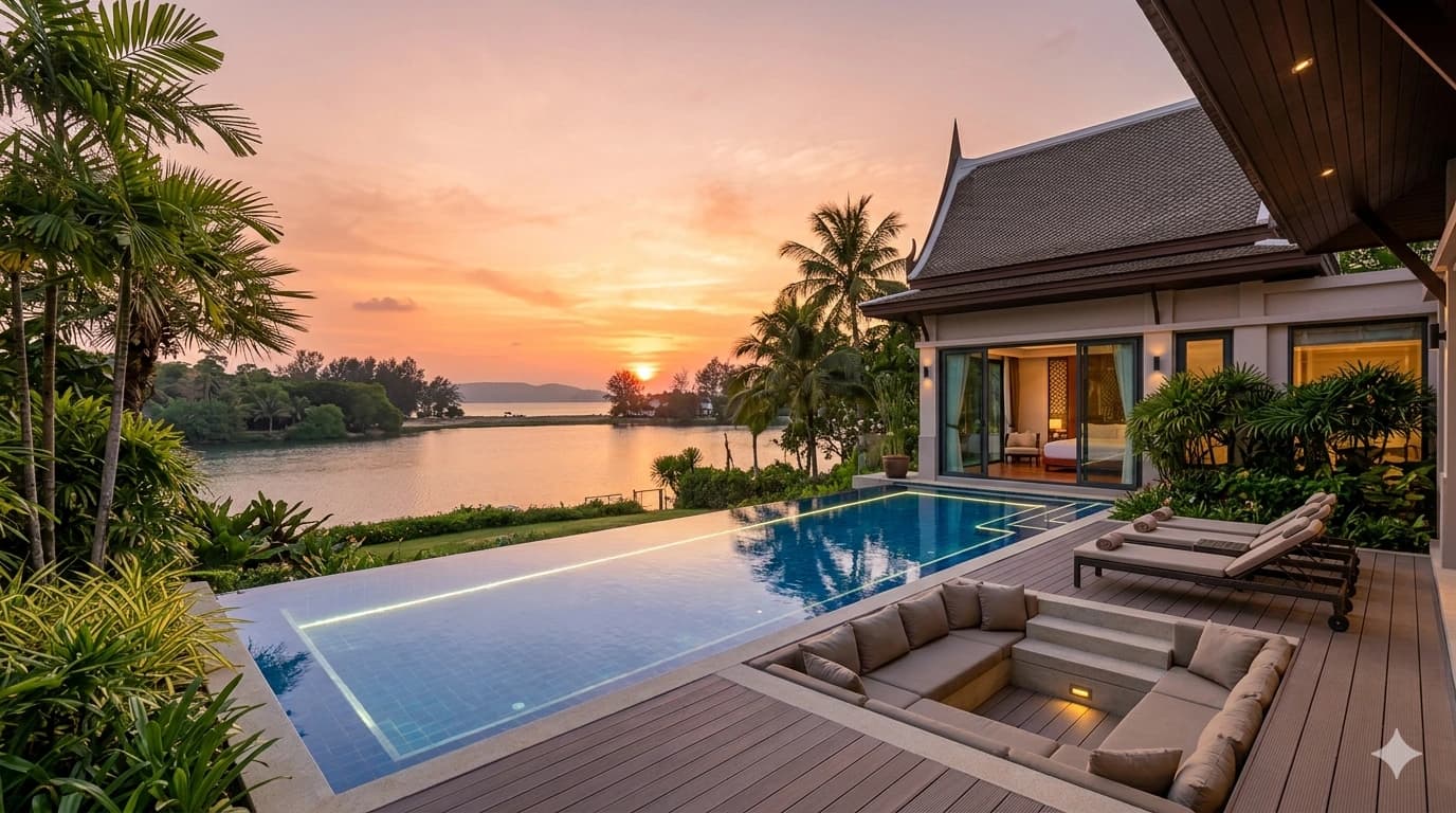 Forensic architectural view of Laguna Grove villa featuring infinity pool and lagoon-front elevation.