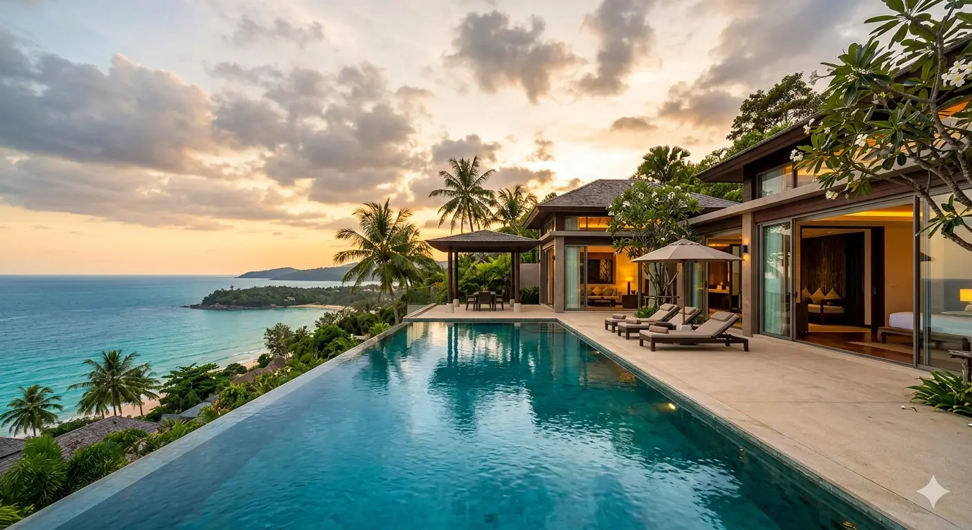 Forensic architectural view of Surin Heights Estate featuring a tiered hillside layout and infinity pool overlooking the Andaman Sea.