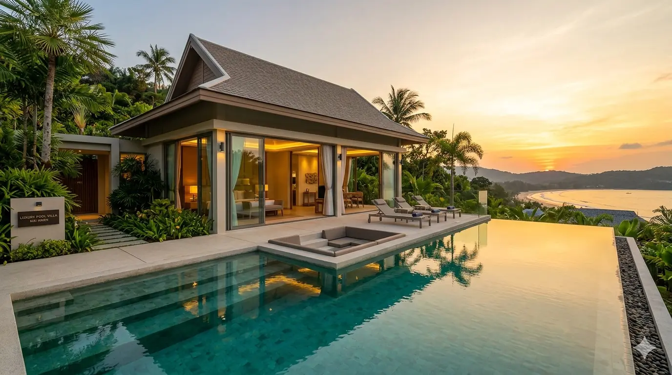 Forensic architectural view of Nai Harn Residences featuring a cantilevered infinity pool and marine-grade cliffside elevation.
