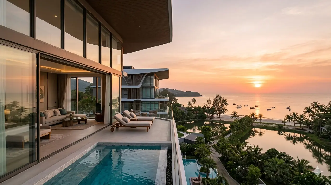 Forensic architectural view of Azure Heights condominium featuring Low-E glass facades and sea-view balconies in Bang Tao.