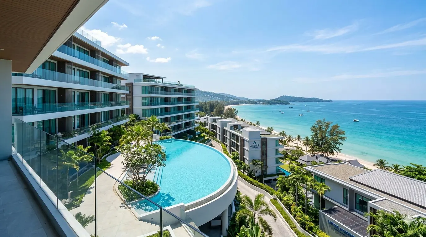Forensic architectural view of Azure Heights condominium facade featuring Low-E glass and sea view balconies in Bang Tao.