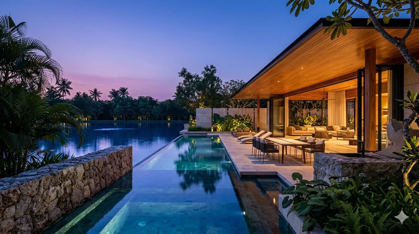 Forensic site view of The Banyan Grove Estate pool villa showing flat-land privacy screening and architectural footprint in Cherng Talay.