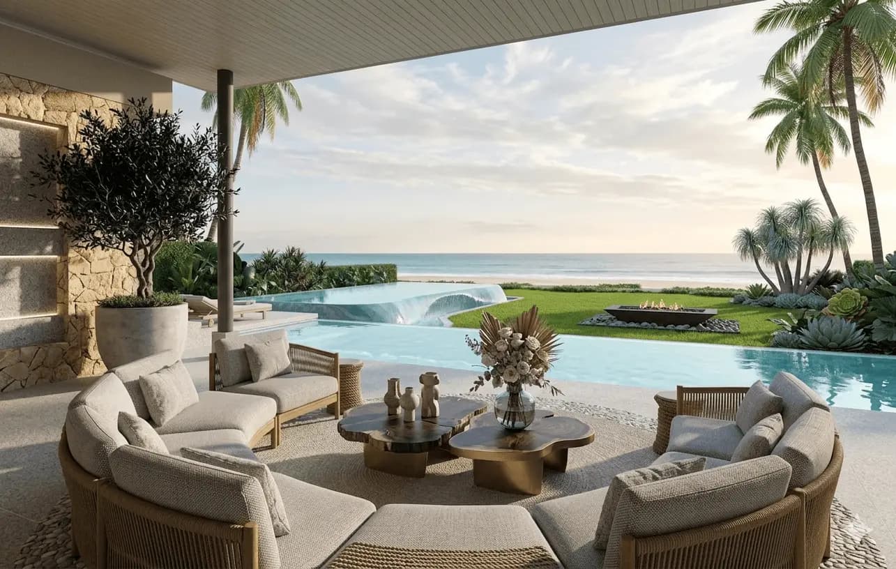 Forensic architectural view of Villa Saengdao showing absolute beachfront boundary and marine-grade construction in Nai Harn.