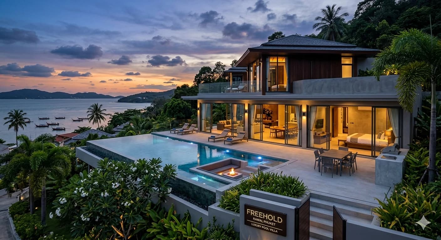 Architectural view of The Nai Harn Estate featuring 3.5-meter ceilings, chef's pavilion, and infinity pool in Rawai.