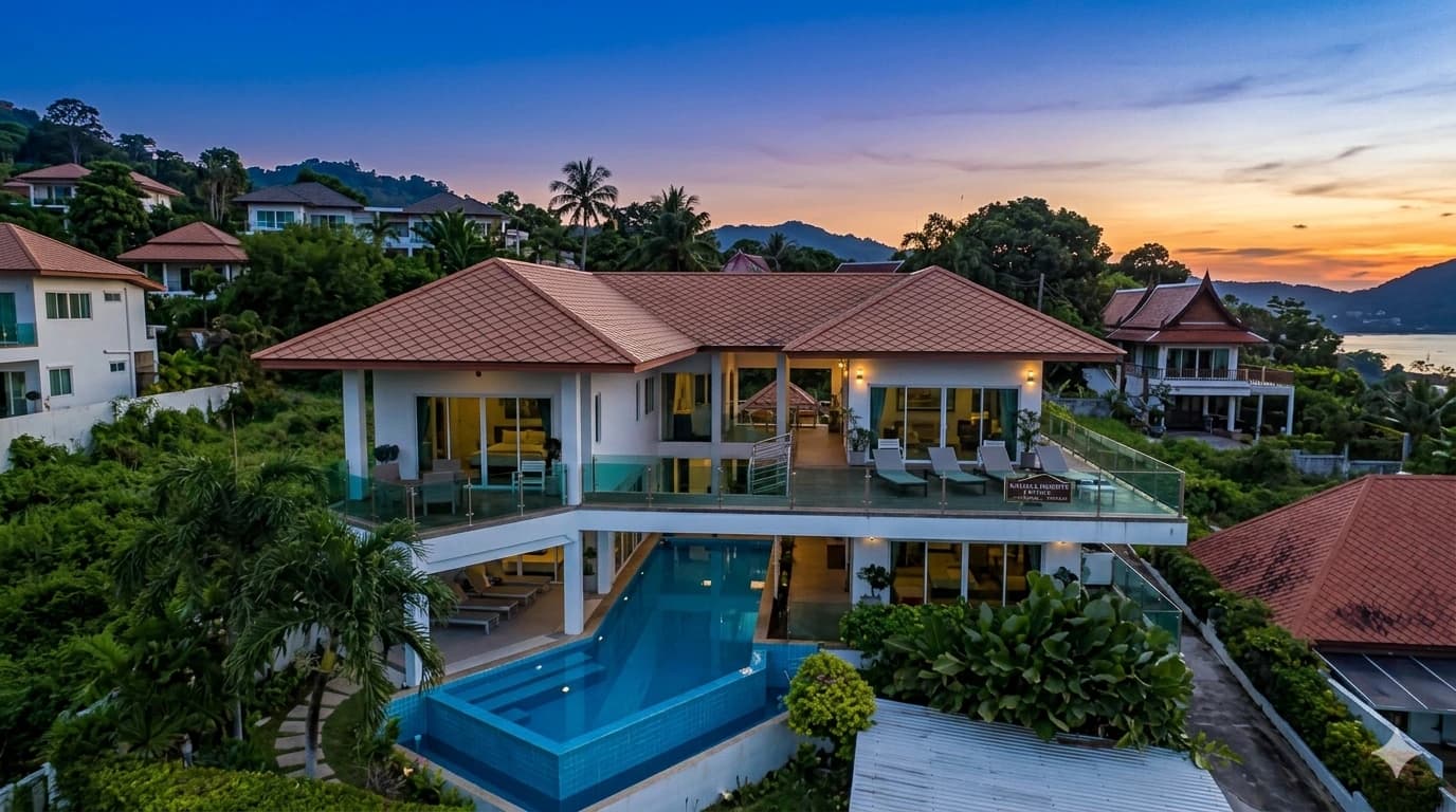 Forensic architectural view of Kamala Heights inland pool villa showing walled privacy and private pool deck.